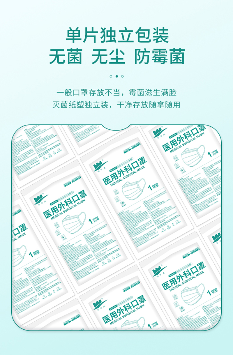 仙万里 WLM2002S 耳挂式医用外科口罩(灭菌级) 蓝色 纸塑袋独立装 1只/袋 50袋/盒-耳戴式