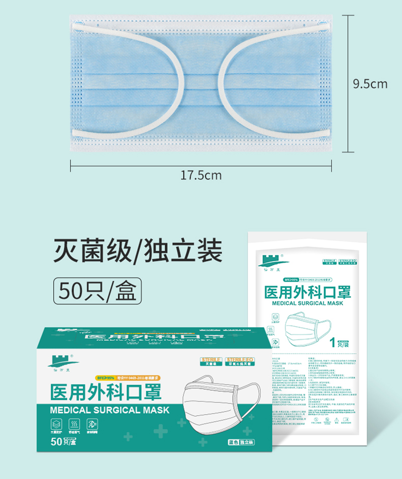 仙万里 WLM2002S 耳挂式医用外科口罩(灭菌级) 蓝色 纸塑袋独立装 1只/袋 50袋/盒-耳戴式
