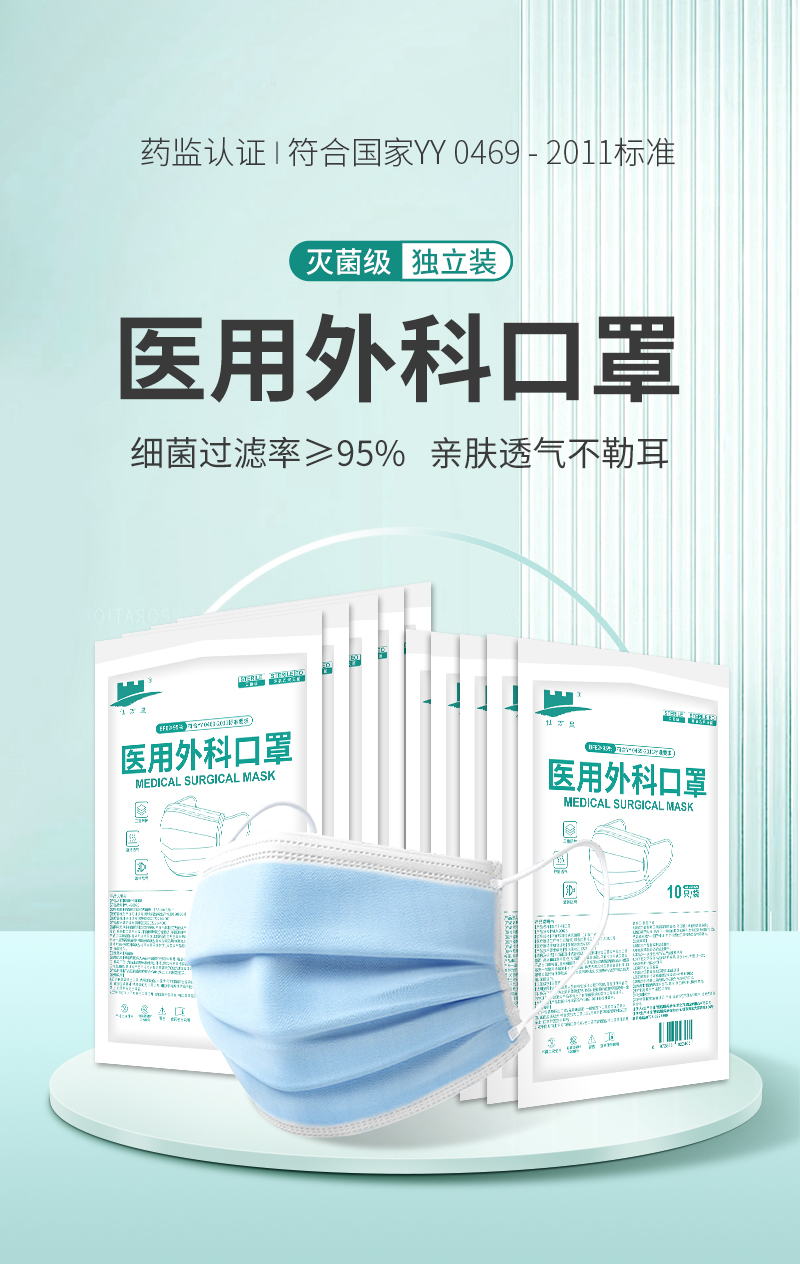 仙万里 WLM2002S 耳挂式医用外科口罩(灭菌级) 蓝色 纸塑袋装 10只/袋-耳戴式