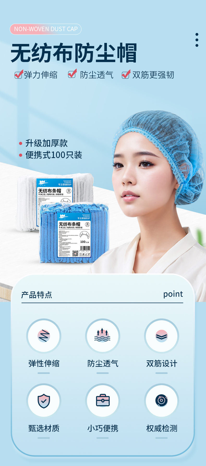 仙万里 WLC1003 无纺布双筋条形帽 10gsm 24英寸-白色