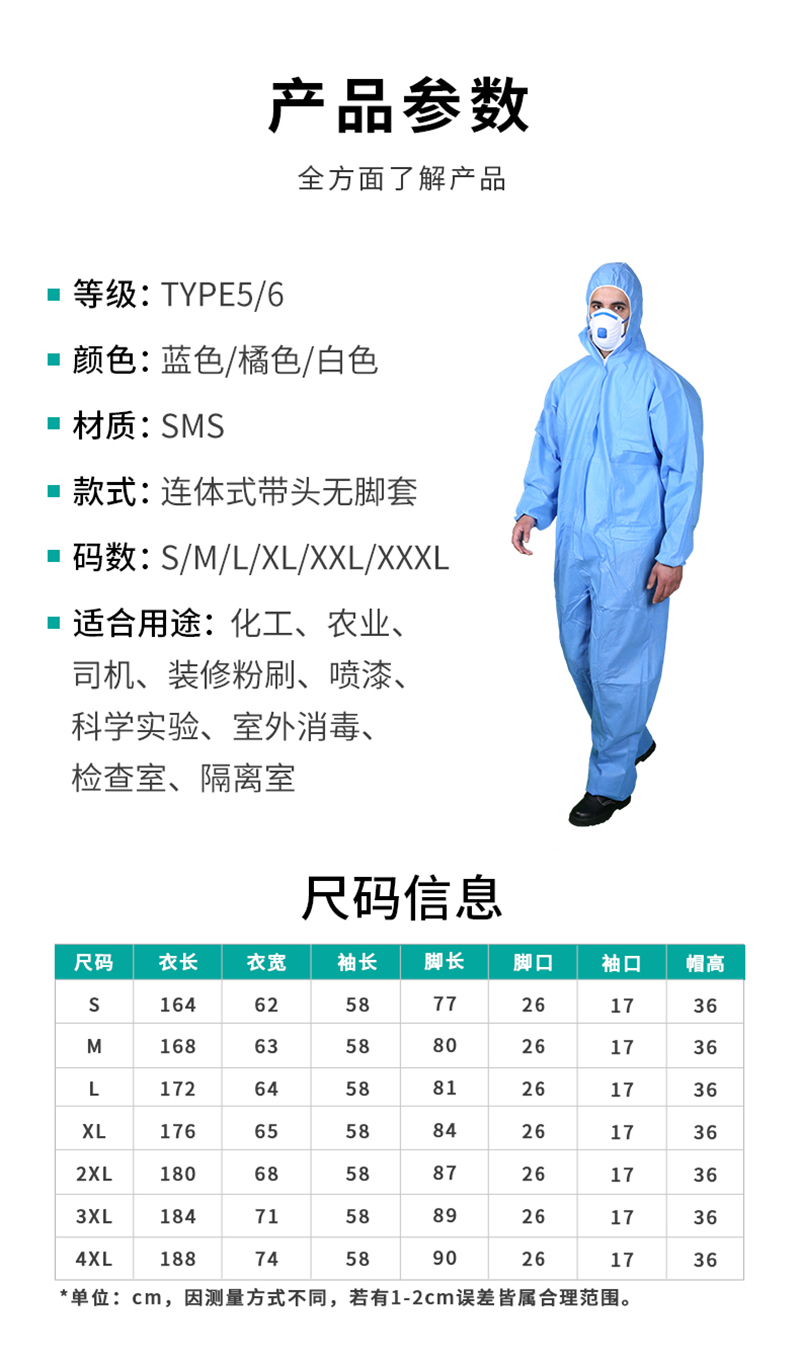 仙万里 WLO3003 SMS连体带帽化学防护服 55gsm 白色 1件/袋-L