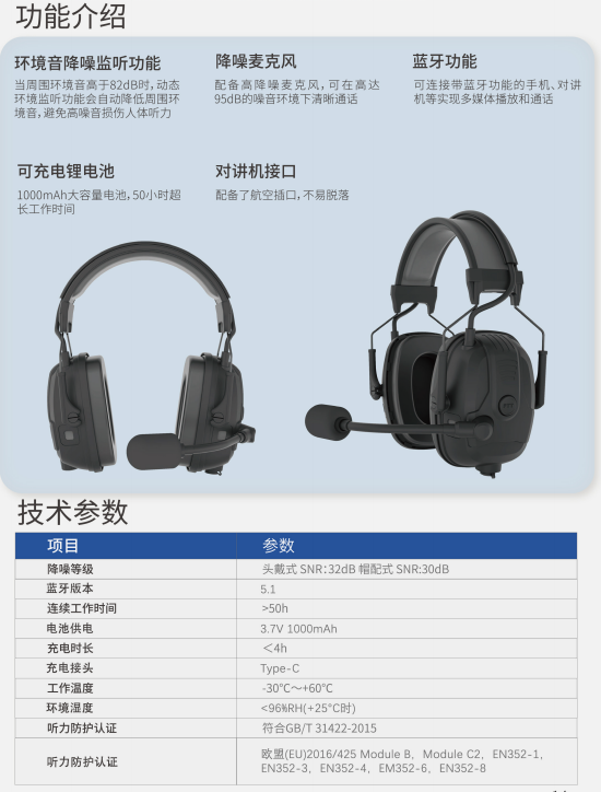 美音声学 MT500 蓝牙通讯耳罩非防爆 32dB（项目款）-接对讲机