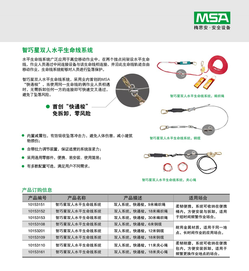 MSA/梅思安 10153109 智巧星水平生命线系统 18米钢缆